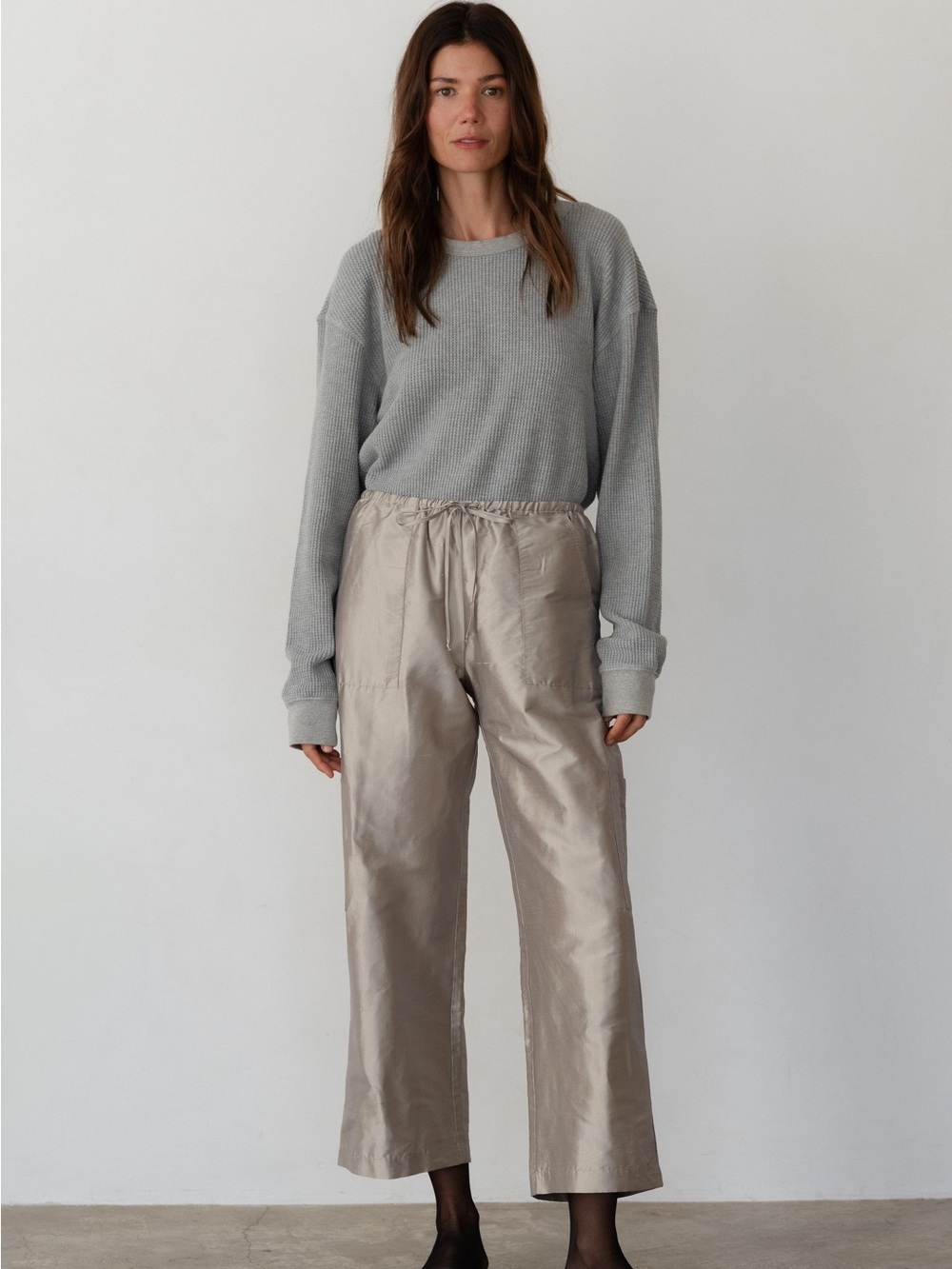 Eileen Fisher Light Beige Wide-Leg Raw Silk Trousers